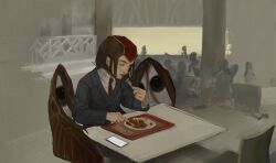 1other bird blue_suit brown_hair cellphone chicken closed_eyes collared_shirt eating eye_of_senri eyes_in_wings fork formal_clothes hatsburg highres holding holding_fork holding_knife knife kokutenshi_hibaru len&#039;en long_sleeves necktie other_focus people phone red_necktie restaurant shirt sitting smartphone stock_chart suit tray white_shirt