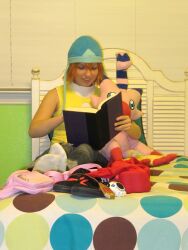 bed cosplay_photo digimon digimon_adventure digivice hao-samafangirl photo_(medium) socks stuffed_toy takenouchi_sora white_socks