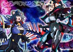 Rule 34 | 2girls, absurdres, animal ear fluff, armor, black armor, black bodysuit, black hair, blonde hair, blue armor, blue eyes, blue hat, bodysuit, breasts, cleavage, clenched hands, cowboy shot, dinomorphia kentregina, duel monster, grey bodysuit, hat, highres, k9 - #17 &quot;ripper&quot;, k9 - #17 izuna, large breasts, long hair, multiple girls, red eyes, short hair, xzon (chai z), yu-gi-oh!