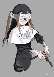 1girl absurdres black_dress black_nails blonde_hair brown_pantyhose commentary covering_another&#039;s_eyes cropped_legs cross disembodied_hand dress eye_print fingernails grey_background gun highres holding holding_gun holding_weapon jewelry multiple_rings nun original pantyhose pouch ring seamed_legwear side-seamed_legwear sidelocks signature simple_background solo suppressor symbol-only_commentary thigh_pouch weapon woonight wrist_cuffs
