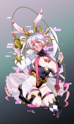 1girl animal_ears black_leotard breasts cleavage donut_hair_bun double_bun drill_hair duel_monster facial_tattoo full_body gradient_background grey_hair hair_bun heart heart_tattoo large_breasts leotard long_hair maliss_&lt;p&gt;_white_rabbit multicolored_hair pink_hair pocket_watch rabbit_ears rabbit_girl see-through_clothes see-through_skirt seisei_neko skirt solo strapless strapless_leotard tattoo twin_drills two-tone_hair very_long_hair watch white_skirt yu-gi-oh!