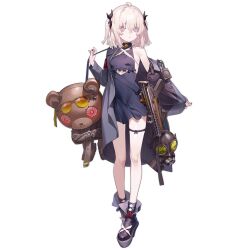 1girl ammunition armor-piercing_ammunition black_nails breasts bullet closed_mouth dress fn_5.7x28mm full_body gas_mask girls&#039;_frontline gun handgun handgun_cartridge high-capacity_magazine highres horizontal_magazine kel-tec kel-tec_p50 magazine_(weapon) mask official_art p50_(girls&#039;_frontline) pdw-caliber_pistol pdw_cartridge pink_eyes pistol pistol_cartridge purple_dress robot single_bare_shoulder small_breasts solo standing straitjacket stuffed_animal stuffed_toy teddy_bear thigh_strap translucent translucent_magazine transparent_background two_side_up weapon white_hair yitiao_er-hua