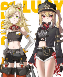 2girls absurdres black_helmet black_jacket black_shirt black_shorts blonde_hair camisole combat_helmet crop_top cutoffs green_eyes helmet highres hoduttang jacket loli long_hair looking_at_viewer luciana_de_montefio midriff multiple_girls navel open_clothes open_jacket pickelhaube piper_wheel red_eyes shirt short_shorts shorts side_ponytail spaghetti_strap stomach thighs white_background zenless_zone_zero