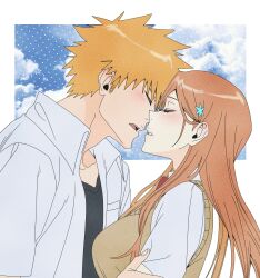 Rule 34 | absurdres, bleach, bow, brown vest, cardigan vest, closed eyes, cloud background, collared shirt, couple, hair between eyes, hetero, highres, imminent kiss, inoue orihime, karakura high school uniform, kurosaki ichigo, long hair, n (nauki 11), open mouth, orange hair, parted lips, red bow, school uniform, shirt, short hair, spiked hair, teeth, upper body, upper teeth only, vest, white shirt