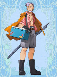 1boy beard belt black_boots black_gloves blue_background boots brown_eyes cape cooler dairoku_ryouhei facial_hair frown gloves grey_hair grey_shorts male_focus mature_male morris_canandi open_clothes open_shirt orange_cape pectorals pink_shirt rubber_boots satoomidori sheath shirt shorts