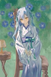 1girl absurdres bang_dream! bang_dream!_it&#039;s_mygo!!!!! blue_hair braid chair commentary_request flower hair_ribbon highres hu_pi_xuan_jiao japanese_clothes kimono lamp long_hair long_sleeves looking_to_the_side obi ribbon sash sitting solo table togawa_sakiko yellow_eyes