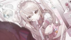 1girl absurdres adjusting_hair apron breast_tattoo breasts brown_eyes brown_hair closed_mouth commentary_request girls&#039;_frontline girls&#039;_frontline_2:_exilium heart-shaped_tattoo highres iwaku_(user_fgzh2333) k2_(girls&#039;_frontline) looking_at_reflection mirror mouth_hold navel official_alternate_costume reflection ribbon ribbon_in_mouth solo star-shaped_pupils star_(symbol) symbol-shaped_pupils tattoo two_side_up waist_apron yoohee_(girls&#039;_frontline_2) yoohee_(miracle_sweetheart)_(girls&#039;_frontline_2)