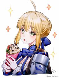 1girl ahoge artoria_pendragon_(fate) blonde_hair fate/stay_night fate_(series) food frilled_sleeves frills green_eyes hair_bun hair_ribbon holding holding_food honkai:_star_rail honkai_(series) long_sleeves looking_at_viewer looking_to_the_side om_rm1101 open_clothes ribbon saber_(fate) saber_(honkai:_star_rail)_(fate) signature simple_background solo sparkling_eyes twitter_username upper_body white_background