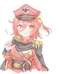 Rule 34 | 1girl, aiguillette, black cape, cape, epaulettes, fringe trim, gloves, hair between eyes, hair ribbon, hat, highres, hirame (hi03ra), jacket, long sleeves, medium hair, military uniform, one side up, ongeki, ousaka akane, portrait, red eyes, red hair, red hat, ribbon, solo, two-sided cape, two-sided fabric, white gloves, yellow ribbon