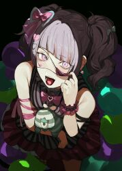 1girl balloon bare_shoulders bow broken_heart doll earrings eyepatch eyepatch_pull eyeshadow hair_bow hair_ornament heart heart-shaped_ornament highres holding holding_doll idolmaster idolmaster_shiny_colors jewelry kurokawa_(kurokashi655) makeup open_mouth purple_eyes purple_hair ribbon solo striped_clothes tanaka_mamimi tongue