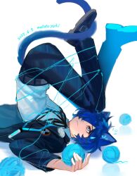 1boy animal_ears black_jacket black_pants black_ribbon black_shoes blue_eyes blue_hair cat_boy cat_ears cat_tail character_name closed_mouth collared_shirt dated digital_media_player flying_sweatdrops gekkoukan_high_school_uniform highres jacket kemonomimi_mode long_sleeves male_focus neck_ribbon open_clothes open_jacket pants persona persona_3 ribbon rrrrrrrrrrrou1 school_uniform shirt shoes simple_background solo sweatdrop tail upside-down white_background white_shirt yarn yarn_ball yuuki_makoto_(persona_3)