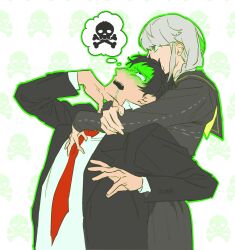 Rule 34 | 2boys, adachi tooru, braid, crossdressing, drooling, highres, hug, male focus, multiple boys, narukami yu, persona, school uniform, skull and crossbones, spoken skull, strangling, twin braids, white-trick, yasogami school uniform