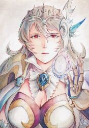 1girl armor armored_gloves breasts cleavage closed_mouth crown dragonstone female_corrin_(fire_emblem) female_corrin_(silent_bloodline)_(fire_emblem) fire_emblem fire_emblem_fates fire_emblem_heroes hair_between_eyes highres large_breasts long_hair looking_at_viewer nintendo official_alternate_costume parted_lips pointy_ears portrait red_eyes shoulder_armor tohka_sd