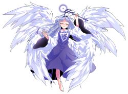 1girl alphes_(style) angel angel_wings barefoot blue_hair blush breasts collared_shirt commentary_request dairi dress facing_viewer feathered_wings feathers full_body genderswap genderswap_(otf) hair_intakes highres holding holding_wand large_variant_set left-handed long_hair long_sleeves multiple_wings open_mouth parody parted_bangs purple_dress sariel_(touhou) seraph shirt smile solo style_parody touhou touhou_(pc-98) transparent_background variant_set very_long_hair wand white_shirt white_wings wide_sleeves wings