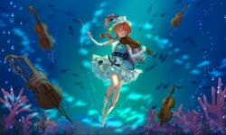1girl air_bubble barcarola_(reverse:1999) blue_dress boots bow_(music) bubble closed_eyes coral crackling_box_(reverse:1999) double_bass dress elbow_gloves fish full_body gloves grey_gloves hands_up hat hat_feather highres holding holding_bow_(music) holding_instrument holding_violin instrument red_hair reverse:1999 school_of_fish shako_cap short_dress short_sleeves siren_baroque smile solo two-tone_dress underwater violin white_boots white_dress white_hat