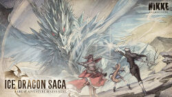3girls ass bare_legs black_bodysuit bodysuit dragon goddess_of_victory:_nikke guillotine_(nikke) guillotine_(winter_slayer)_(nikke) hat high_heels highres holding holding_sword holding_weapon ice_dragon maiden_(ice_rose)_(nikke) maiden_(nikke) mountain multiple_girls official_art rocket_launcher single_wing snow staff sword vesti_(ark_mage)_(nikke) vesti_(nikke) wasteland weapon wings witch_hat