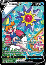 1girl arms_behind_head artist_name ball barefoot beachball bikini blue_bikini card_(medium) character_name company_name copyright_name copyright_notice drink english_text eyelashes flower food from_above gem gen_1_pokemon green_eyes komayama_akira medium_hair misty_(pokemon) nintendo official_art one_eye_closed orange_hair plant poke_ball_theme pokemon pokemon_(creature) pokemon_card pokemon_frlg pokemon_tcg pool red_gemstone side_ponytail starmie stomach swim_ring swimsuit third-party_source trading_card tray water wet white_flower
