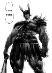 1girl 2023 absurdres arm_wrap armor backlighting belt boruburo breasts clenched_hands club_(weapon) commentary commission cowboy_shot english_commentary english_text female_focus greyscale highres holding holding_club holding_weapon huge_breasts legs_apart looking_at_viewer monochrome muscular muscular_arms muscular_female muscular_legs original parted_lips rabbit_ears rabbit_girl scar scar_on_chest short_hair shoulder_armor simple_background skirt solo speech_stab standing tall_female thick_thighs thighs underboob underbust veins veiny_arms weapon white_background