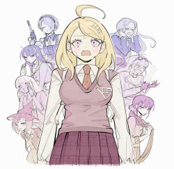 &gt;_&lt; 6+girls ahoge akamatsu_kaede annoyed antenna_hair apron backpack bag bead_bracelet bead_necklace beads bell belt bikini bikini_ribbon blonde_hair blue_apron blue_hair blue_hairband blue_jacket blunt_bangs blunt_ends blush bob_cut bow bowtie bracelet breasts broom buttons chabashira_tenko choker cleavage closed_eyes closed_mouth collarbone collared_jacket collared_shirt commentary covering_own_ears crazy crazy_smile crest cropped_legs danganronpa_(series) danganronpa_v3:_killing_harmony dark-skinned_female dark_skin dot_nose expressionless eyelashes fighting_stance fingerless_gloves fortissimo frilled_hairband frilled_shirt_collar frills frown furrowed_brow glasses gloves goggles goggles_on_head gradient_hair grey_bow grey_bowtie grey_necktie hair_between_eyes hair_bow hair_ornament hair_over_one_eye hair_ribbon hair_scrunchie hairband hairclip hands_on_own_chest harukawa_maki hat high_belt highres holding holding_broom holding_own_hair infinity_symbol iruma_miu jacket jewelry lapels large_breasts layered_sleeves leaning_forward long_hair long_sleeves looking_at_viewer low_twintails midriff mole mole_under_mouth morning_(d0nteat) multicolored_hair multiple_girls musical_note musical_note_hair_ornament musical_note_print navel neck_bell necklace necktie nervous_sweating notched_lapels o-ring o-ring_belt open_clothes open_jacket open_mouth orange_eyes orange_hair orange_jacket orange_necktie orange_shirt orange_skirt orange_vest paintbrush pink-framed_eyewear pink_belt pink_eyes pink_gloves pink_hair pink_raincoat pink_serafuku pink_shirt pink_skirt pink_vest pleated_skirt pocket purple_choker purple_eyes purple_hair purple_scrunchie purple_skirt putting_on_gloves rainbow_gradient raincoat red_hat ribbon round_eyewear sailor_collar scared school_uniform scrunchie serafuku shell shell_necklace shirogane_tsumugi shirt short_hair simple_background skirt skirt_set smile smug spider_web_print straight-on straight_hair studded_gloves sweat sweatdrop swimsuit tojo_kirumi twintails v-neck vest white_background white_bag white_bikini white_bow white_bowtie white_ribbon white_sailor_collar white_shirt witch_hat yellow_belt yellow_skirt yonaga_angie yumeno_himiko