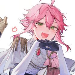 Rule 34 | 1boy, ahoge, anight, black gloves, crown, ensemble stars!, gloves, green eyes, hair between eyes, himemiya tori, long sleeves, looking at viewer, lying, male focus, mini crown, official alternate costume, on stomach, open mouth, own hands together, pink hair, red brooch, short hair, simple background, smile, the pose, white background