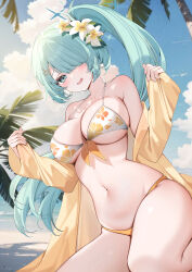 1girl absurdres aqua_eyes aqua_hair bare_shoulders beach bikini blue_archive blush breasts collarbone day floral_print_bikini flower front-tie_bikini_top front-tie_top hair_flower hair_ornament hair_over_one_eye hairclip hands_up highres hiyori_(blue_archive) hiyori_(swimsuit)_(blue_archive) large_breasts long_hair long_sleeves looking_at_viewer navel one_eye_covered open_mouth outdoors side_ponytail smile solo stomach swimsuit thighs underboob yellow_bikini yukineko1018