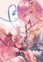 Rule 34 | 1girl, backlighting, bloom, blue ribbon, blue shirt, bow, bowtie, commentary request, double-parted bangs, eyeball, floral print, gradient background, hair between eyes, hair ribbon, hand up, heart, heart of string, highres, knee up, komeiji satori, looking at viewer, mouth hold, osakana (0519 sakana), pink eyes, pink hair, pink skirt, red ribbon, ribbon, shirt, short hair, simple background, skirt, solo, stenciled rose, third eye, touhou, yellow bow, yellow bowtie