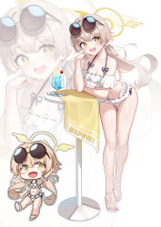 1girl absurdres bare_legs bare_shoulders bikini blue_archive blush breasts bright_pupils brown_hair character_name chibi chibi_inset cleavage collarbone commentary cup drinking_glass eyewear_on_head frilled_bikini frills full_body hair_between_eyes hair_ornament halo hifumi_(blue_archive) hifumi_(swimsuit)_(blue_archive) highres li_se long_hair looking_at_viewer low_twintails navel official_alternate_costume open_mouth round_eyewear simple_background small_breasts smile solo spoon stomach sunglasses swimsuit teeth twintails upper_teeth_only very_long_hair white_background white_bikini wing_hair_ornament winged_halo yellow_eyes yellow_halo zoom_layer