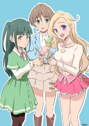 3girls :d blonde_hair blue_background blue_jacket blunt_bangs blush boots breasts brown_boots brown_hair brown_pantyhose cleavage cleavage_cutout closed_mouth clothing_cutout collared_shirt commentary_request contrast_collar crop_top cropped_shirt cup feet_out_of_frame food frilled_skirt frills futtenten green_eyes green_hair green_shirt green_skirt harumiya_yukuri highres holding holding_cup holding_ice_cream_cone ice_cream ice_cream_cone ice_cream_cup ice_cream_spoon ikizulive!_love_live!_bluebird jacket knee_boots konohana_aurora layered_sleeves long_hair long_sleeves love_live! medium_breasts midriff miniskirt multiple_girls navel neck_ribbon open_clothes open_jacket open_mouth outline pantyhose pink_ribbon pink_skirt pleated_skirt purple_eyes ribbon shirt short_hair short_over_long_sleeves short_sleeves side_ahoge sidelocks signature simple_background skirt skirt_set smile soft_serve spoon standing sweater turtleneck turtleneck_sweater two_side_up very_long_hair white_outline white_shirt white_skirt white_sweater yamada_midori yellow_eyes