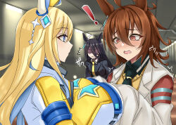 ! 1koma 3girls ^^^ agnes_tachyon_(umamusume) ahoge animal_ears black_hair black_necktie blonde_hair blue_eyes blue_hair blush brown_eyes brown_hair colored_inner_hair comic ear_ornament earrings grey_hair hair_ornament horse_ears horse_girl indoors jacket jealous jewelry lab_coat long_bangs long_hair long_sleeves manhattan_cafe_(umamusume) medium_hair minarai multicolored_hair multiple_girls necktie neo_universe_(umamusume) segmented_comic shaded_face silent_comic single_earring sleeves_past_fingers sleeves_past_wrists sound_effects sweatdrop sweater two-tone_hair umamusume yellow_necktie yellow_sweater
