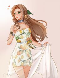 1girl absurdres aerith_gainsborough aerith_gainsborough_(citric_dress) armlet artist_name bracelet breasts brown_hair casdainee choker cleavage clothes_lift dress dress_lift earrings final_fantasy final_fantasy_vii final_fantasy_vii_ever_crisis fingernails food-themed_earrings food_print food_themed_earrings fruit_print green_eyes green_ribbon hair_ribbon half_updo highres jewelry long_hair medium_breasts official_alternate_costume orange-shaped_earrings orange-shaped_ornament orange_print parted_bangs parted_lips print_dress ribbon see-through_clothes see-through_skirt sidelocks skirt smile solo strapless strapless_dress wavy_hair