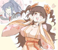 1boy 1girl blue_hair blush breasts brown_hair chinese_clothes cleavage drill_hair flower formal_clothes hair_between_eyes hair_flower hair_ornament hands_on_own_face hanfu heart heart-shaped_pupils highres hong_lu_(project_moon) imagining jade_(gemstone) jewelry kankan33333 large_breasts limbus_company long_hair necklace necktie orange_flower project_moon qixiong_ruqun short_bangs sparkle suit symbol-shaped_pupils twin_drills xue_baochai_(project_moon)
