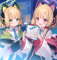 2girls animal_ear_headphones animal_ears black_skirt blonde_hair blue_archive blush bow cd fake_animal_ears green_bow green_eyes green_halo hair_bow halo handheld_game_console headphones highres holding holding_handheld_game_console jacket long_sleeves midori_(blue_archive) momoi_(blue_archive) multiple_girls open_mouth pink_halo pleated_skirt red_bow red_eyes saiki_komari short_hair siblings signature sisters skirt smile white_jacket wide_sleeves