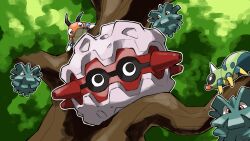 Rule 34 | antennae, blacknirrow, bug, evolutionary line, forretress, gen 2 pokemon, highres, horns, in tree, ledyba, nintendo, no humans, outline, pineco, pokemon, pokemon (creature), pokemon focus, red eyes, single horn, spinarak, tree, white outline