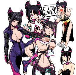 1girl abs aqua_nails black_hair bodysuit bow bowtie breasts character_name china_dress chinese_clothes choker cleavage cleavage_cutout closed_eyes clothing_cutout compilation crop_top diagonal_bangs dress fang finger_to_eye fingerless_gloves gloves hair_horns han_juri hand_on_own_hip hand_on_own_shoulder highres igawa20000volt large_breasts leotard midriff multicolored_hair multiple_views ox_horns pink_eyes pink_hair playboy_bunny shoes side_slit spiked_choker spiked_wristband spikes street_fighter street_fighter_6 sweatdrop toned tongue tongue_out v white_background white_shoes