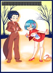 10s 1boy 1girl 2017 animal_costume animal_hood basket big_bad_wolf big_bad_wolf_(cosplay) black_hair blue_hair blush bowing breasts brown_eyes calendar cape choker clapping cleavage closed_eyes cosplay drantyno eyes_visible_through_hair hair_ornament hair_over_one_eye hair_ribbon highres hood hood_down large_breasts little_red_riding_hood little_red_riding_hood_(grimm) little_red_riding_hood_(grimm)_(cosplay) mary_janes natsuki_subaru october open_mouth pink_ribbon re:zero_kara_hajimeru_isekai_seikatsu red_cape red_footwear red_skirt rem_(re:zero) ribbon shirt shoes short_hair skirt sky smile standing strapless sun tail teeth thighhighs tree white_shirt white_thighhighs wolf_costume wolf_hood wolf_tail wrist_cuffs x_hair_ornament yellow_sky