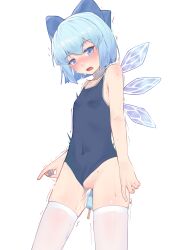 1girl absurdres bare_arms bare_shoulders blue_bow blue_eyes blue_hair blush bow breasts candy chinese_commentary cirno clothing_aside commentary covered_navel cowboy_shot female_ejaculation female_orgasm food hair_bow highres ice ice_wings littiecy looking_at_viewer nose_blush object_insertion orgasm popsicle pussy school_swimsuit short_hair simple_background small_breasts solo sweat swimsuit swimsuit_aside thighhighs touhou trembling vaginal vaginal_object_insertion white_background white_thighhighs wings