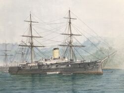 admiral_nakhimov_(armored_cruiser) atelier_bono cannon fog highres imperial_russian_navy ironclad lifeboat mast no_humans ocean original painting_(medium) port smokestack traditional_media vehicle_focus watercolor_(medium)