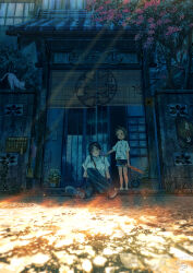 1boy 1girl arm_support between_breasts bicycle black_pants black_shorts bottle breasts cat commentary_request dappled_sunlight doorway highres holding holding_bottle holding_umbrella leaf original pants scenery shirt shoes short_sleeves shorts shuu_illust sitting standing strap_between_breasts summer sunlight tree umbrella white_cat white_shirt