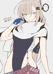 1girl american_flag american_flag_print american_flag_skirt black_one-piece_swimsuit blue_gloves breasts covered_navel denim denim_skirt flag_print gloves grey_eyes grey_hair half_gloves highleg highleg_one-piece_swimsuit highres kantai_collection looking_at_viewer medium_breasts one-piece_swimsuit print_skirt scarf skirt smile solo super_highleg swimsuit taira_yuuki two-tone_one-piece_swimsuit wahoo_(kancolle) white_one-piece_swimsuit white_scarf