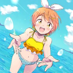 1girl bikini blue_sky blush collarbone cowboy_shot day dutch_angle hair_ornament hair_ribbon hairclip hoshizora_rin looking_at_viewer love_live! love_live!_school_idol_project navel open_mouth orange_hair outdoors outstretched_arms ribbon sen_(sen0910) short_hair sky smile solo splashing standing swimsuit teeth upper_teeth_only wading water water_drop white_ribbon yellow_eyes
