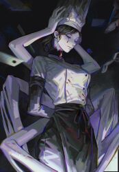 1girl absurdres apron arms_behind_back arthropod_limbs black_apron black_gloves black_hair black_pants blood blood_splatter bloody_tears breasts chainsaw_man chef_hat cigma closed_eyes commentary_request demon disembodied_head elbow_gloves extra_hands falling_devil_(chainsaw_man) flat_top_chef_hat gloves hat highres holding_detached_head medium_breasts pants revision severed_head shirt solo waist_apron white_shirt