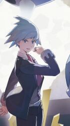 1boy belt black_jacket black_pants blue_eyes blue_hair gen_3_pokemon highres jacket light_blue_hair looking_at_viewer male_focus metagross nintendo odd_(hin_yari) open_clothes open_jacket pants parted_lips pokemon pokemon_(creature) pokemon_oras solo steven_stone upper_body