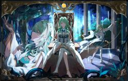 1girl absurdres anklet asymmetrical_legwear blue_brooch braid ceres_fauna ceres_fauna_(1st_costume) chinese_commentary closed_eyes commentary_request crossed_legs dancing dress earrings flower green_hair green_nails hair_flower hair_ornament highres hololive hololive_english jewelry juliet_sleeves long_hair long_sleeves looking_at_viewer maskcat multiple_views neck_ribbon outstretched_arms outstretched_hand puffy_sleeves ribbon single_braid single_thighhigh sitting sitting_on_throne sleeve_slit star_(symbol) star_earrings thighhighs tree_horns virtual_youtuber wavy_hair white_dress white_thighhighs wide_sleeves yellow_eyes
