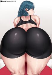 1girl absurdres arcedo ass ass_focus back bent_over black_shorts blue_eyes blue_hair female_byleth_(fire_emblem) female_focus fire_emblem fire_emblem:_three_houses from_behind highres huge_ass long_hair looking_back nintendo shorts solo sports_bra sports_uniform sportswear sweat sweatdrop thighs