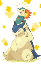:d ^_^ artist_name blush carrying closed_eyes closed_mouth commentary_request cyndaquil evolutionary_line fangs fangs_out fire gen_2_pokemon hand_up happy highres nintendo no_humans open_mouth pokemon pokemon_(creature) quilava red_eyes saki_pokeoekaki shoulder_carry simple_background sitting smile twitter_username typhlosion v-shaped_eyebrows white_background