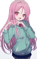 1girl absurdres arms_up blue_skirt commentary_request dot_nose drawstring eyelashes four-finger_heart_hands green_hoodie hair_between_eyes heart heart_hands highres hood hood_down hoodie korean_commentary kuroko_no_basuke long_hair long_sleeves looking_to_the_side meme820512 momoi_satsuki neck_ribbon open_mouth pink_eyes pink_hair pleated_skirt red_ribbon ribbon sideways_glance simple_background skirt smile solo tongue white_background