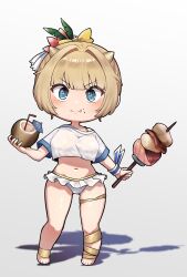 1girl absurdres bikini blue_eyes blush breasts brown_dust_(series) brown_dust_2 chibi cjrb1228 cocktail_umbrella coconut_cup cropped_shirt cross-shaped_pupils cup drinking_straw eating eyebrows_hidden_by_hair fang food food_on_face frilled_bikini frills full_body gluteal_fold hair_between_eyes hair_ornament highres holding holding_cup holding_skewer justia_(brown_dust) justia_(pool_party)_(brown_dust) large_breasts navel shadow shirt shirt_overhang short_hair simple_background skewer small_horns smile solo swimsuit symbol-shaped_pupils thigh_strap white_bikini white_shirt