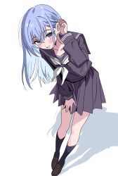 1girl absurdres black_socks blue_hair blush brown_shoes collarbone commentary_request fingernails full_body grey_serafuku highres idolmaster idolmaster_shiny_colors jie-se_(kuai_mian_biao) kneehighs leaning_forward loafers long_hair long_sleeves looking_at_viewer neckerchief no_dickey pleated_skirt school_uniform serafuku shadow shoes simple_background skirt smile socks solo straight_hair suzuki_hana tucking_hair white_background white_neckerchief