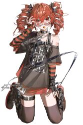 Rule 34 | absurdres, adjusting eyewear, alternate costume, arm at side, arm warmers, armpit crease, belt, black arm warmers, black belt, black boots, black gloves, black ribbon, black shirt, black thighhighs, boots, candy, crossed bangs, drill hair, feijiu, fingerless gloves, food, glasses, gloves, hair between eyes, hair ribbon, hand up, highres, jewelry, kasane teto, kneehighs, kneeling, lollipop, looking at viewer, looking over eyewear, mouth hold, necklace, number tattoo, red arm warmers, red hair, red nails, red skirt, red tattoo, ribbon, round eyewear, shirt, shoulder tattoo, single bare shoulder, skirt, socks, striped arm warmers, tattoo, teeth, thighhighs, transparent background, twin drills, upper teeth only, utau