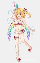 Rule 34 | 1girl, ;d, ahoge, alternate costume, arm up, bikini, blonde hair, bow, breasts, collarbone, commentary, flandre scarlet, flower, footwear flower, frilled thigh strap, full body, grey background, hair between eyes, hair bow, hibiscus, highres, holding, holding water gun, long hair, looking at viewer, navel, one eye closed, one side up, open mouth, red bow, red eyes, red flower, ruhika, sandals, simple background, small breasts, smile, solo, standing, standing on one leg, stomach, swimsuit, thigh strap, touhou, water, water gun, watermark, white bikini, white sandals, wings, wrist cuffs